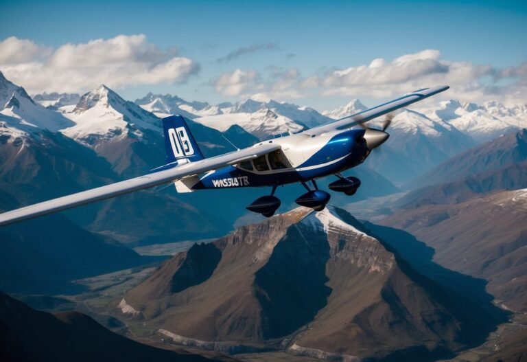 Blue and white airplane flying over a mountain range with snow-capped peaks