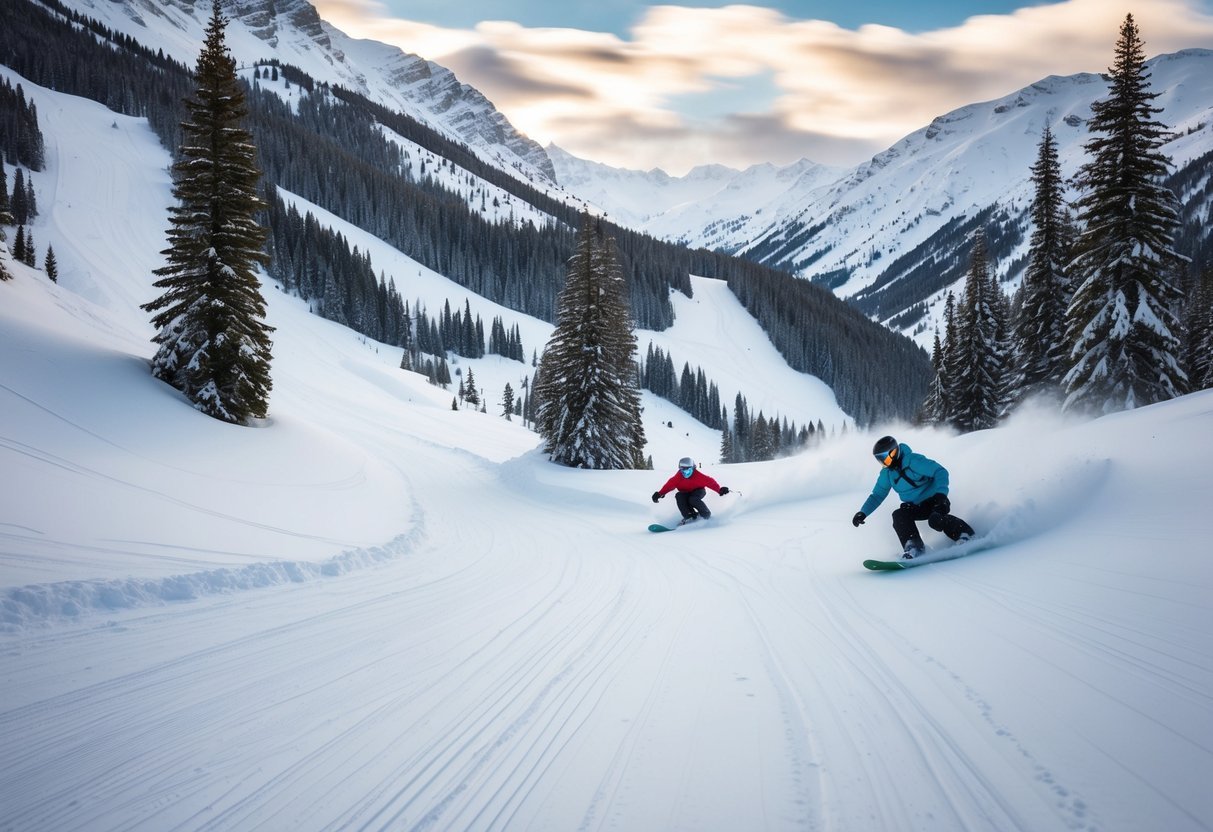 Two snowboarders carving down a snowy mountain slope with trees