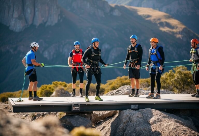Group of people in safety gear preparing for a mountain adventure