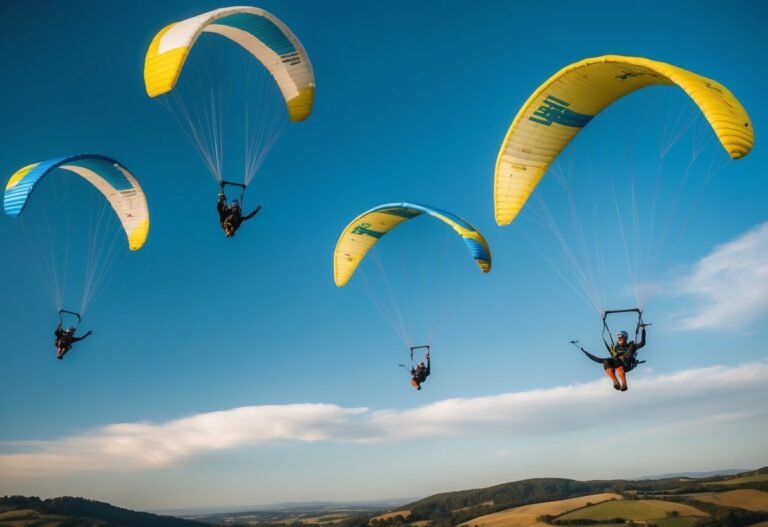 Four paragliders soaring in a bright blue sky over a landscape