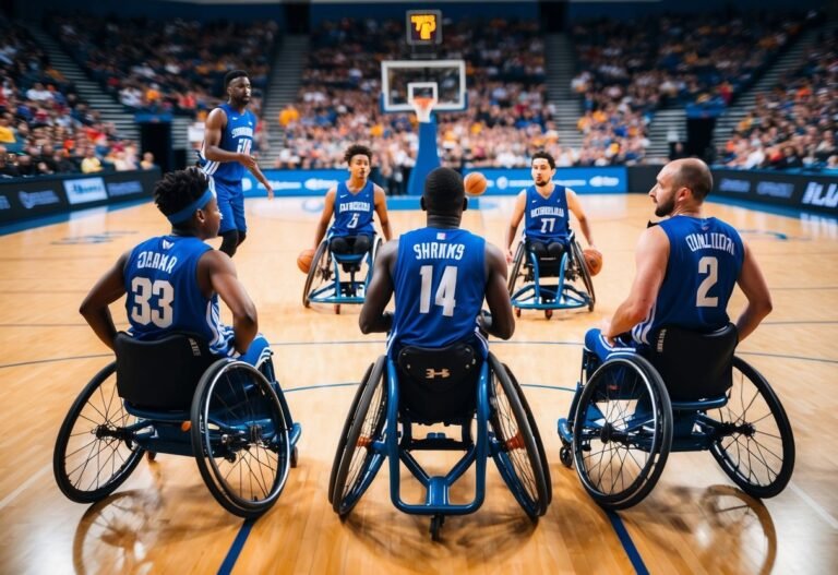 Wheelchair basketball players in blue uniforms on a court, game in progress