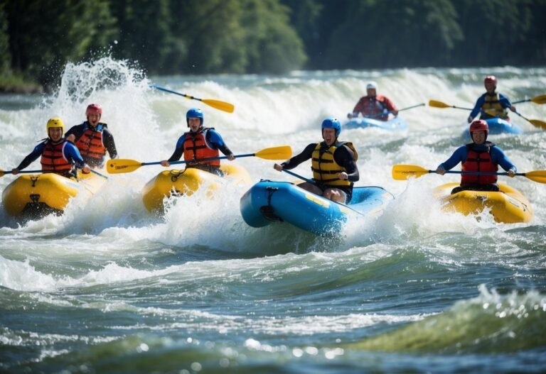 People rafting down a river in small inflatable boats, splashing water