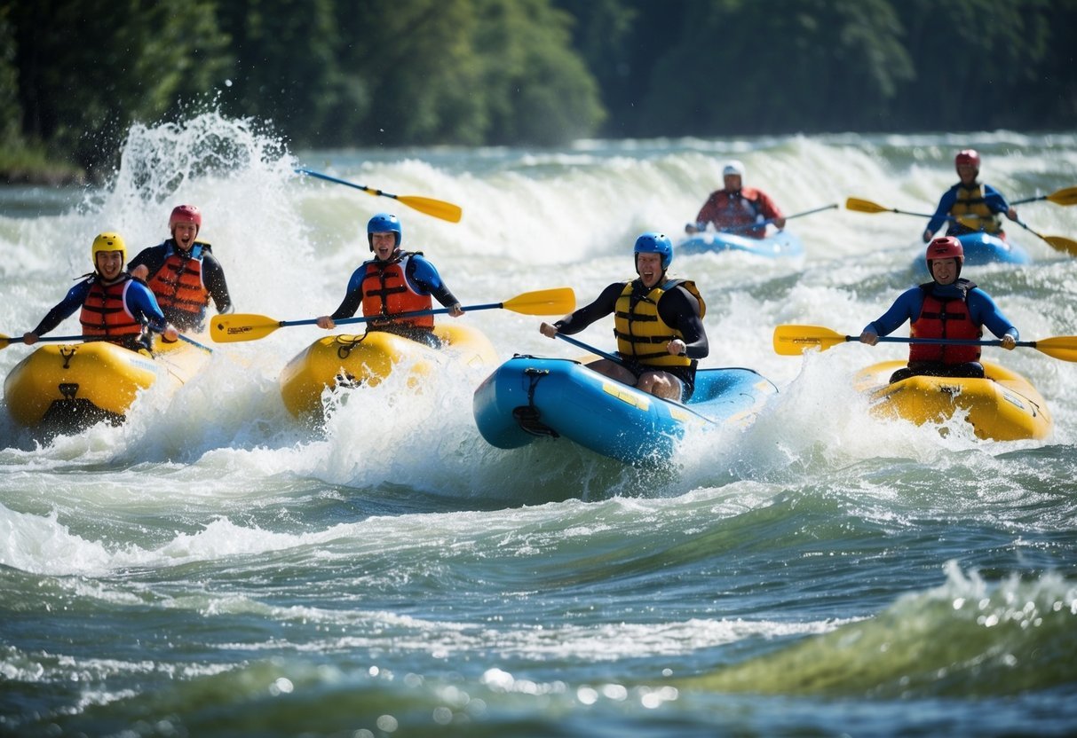 People rafting down a river in small inflatable boats, splashing water