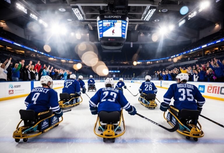 Sled hockey players in blue jerseys on the ice, crowd cheering in the background