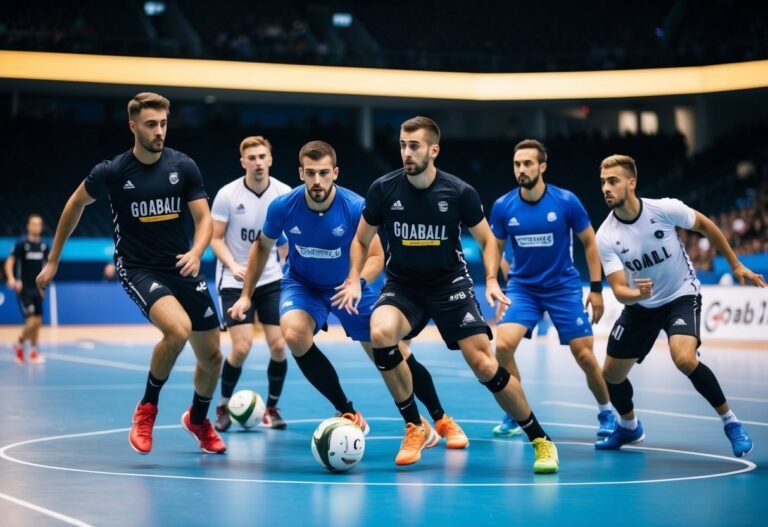Men's Goaball team playing on a blue court, with a ball in play