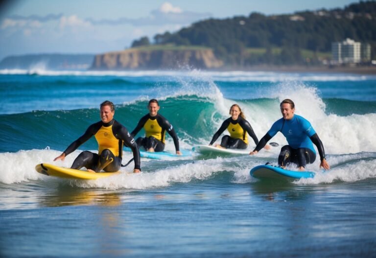 Four surfers riding waves in the ocean, wearing wetsuits and smiling