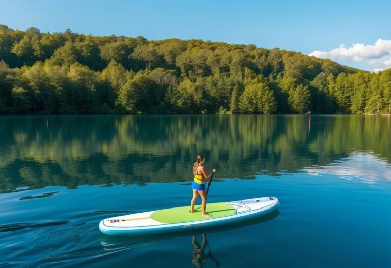 Woman paddleboarding on a lake with forest in the background