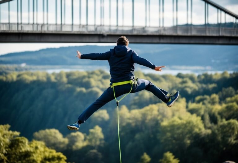 Man bungee jumping from a bridge over a forest, with safety harness