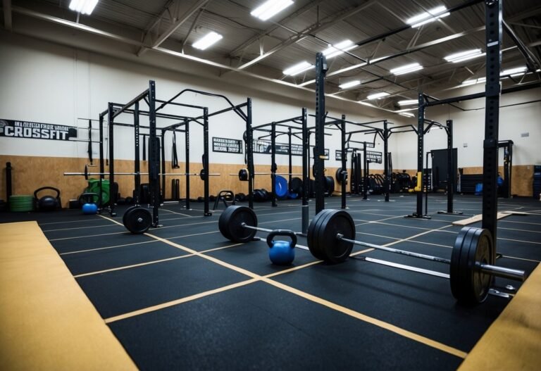 Empty CrossFit gym with weight racks, barbells, kettlebells, and rubber flooring