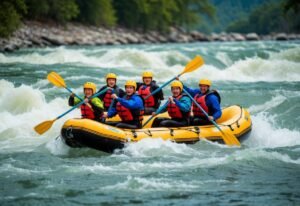Six people rafting down a river, paddling in a yellow raft