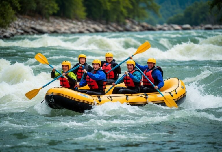 Six people rafting down a river, paddling in a yellow raft