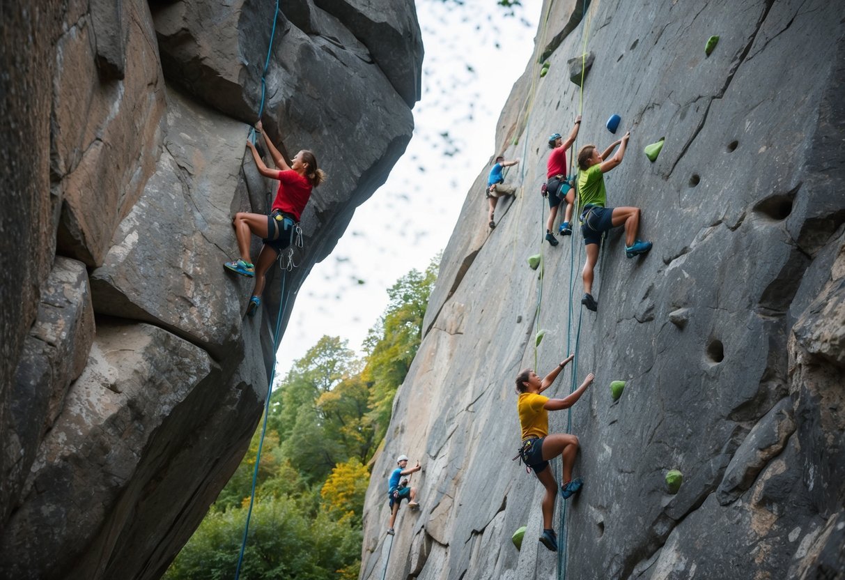 People rock climbing on a large rock face with ropes and safety gear