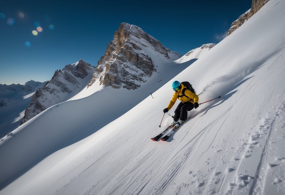 Skier in yellow jacket carves down a snowy mountain slope