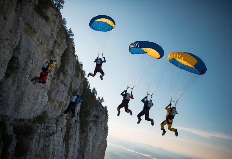 Base jumpers with parachutes leap from a cliff against a blue sky