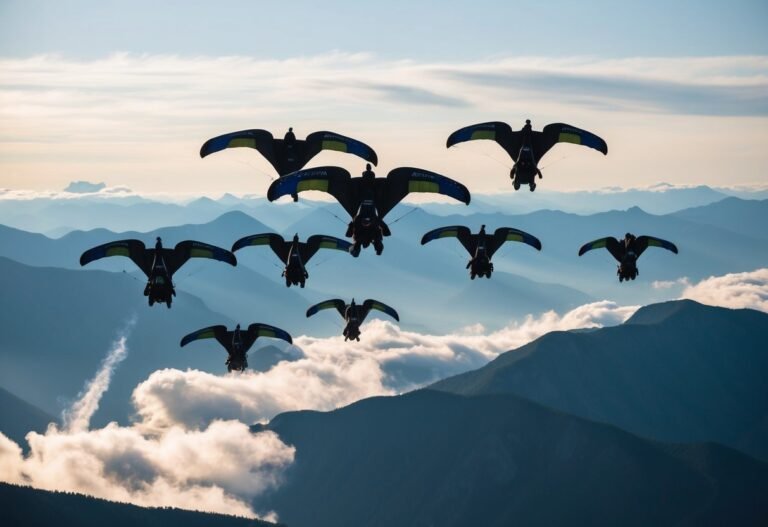 Nine hang gliders fly in formation over a mountain range