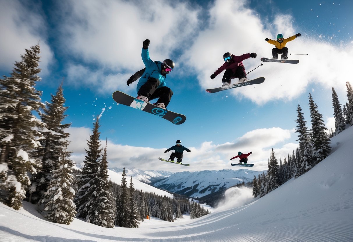 Five snowboarders jumping in the air on a snowy mountain slope