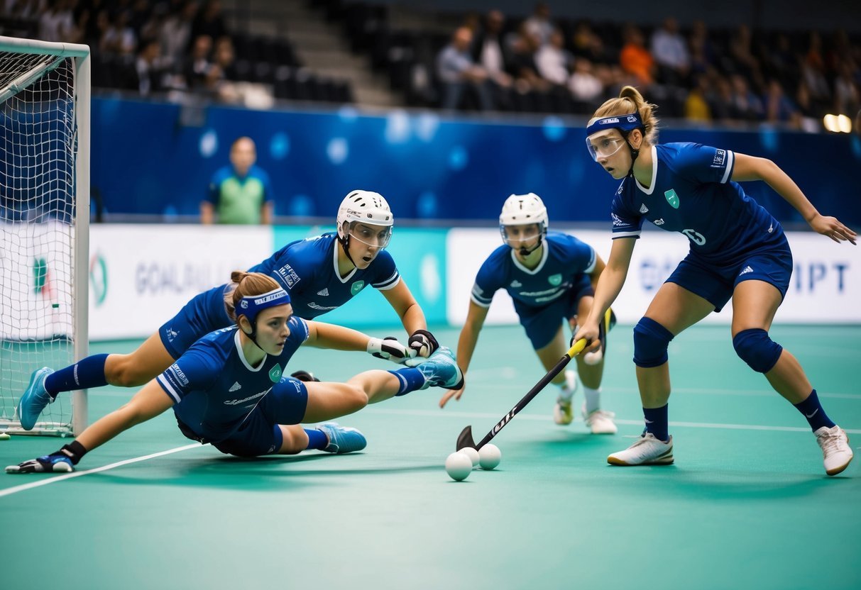 Women's floorball players in blue uniforms, one diving for the ball