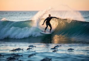 Surfer rides a wave, fish swim in the foreground, sunset in the background