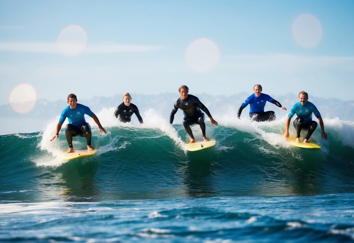 Five adaptive surfers catching waves in the ocean, each displaying skill and determination.</p><p>The water is choppy and the sun is shining brightly in the sky