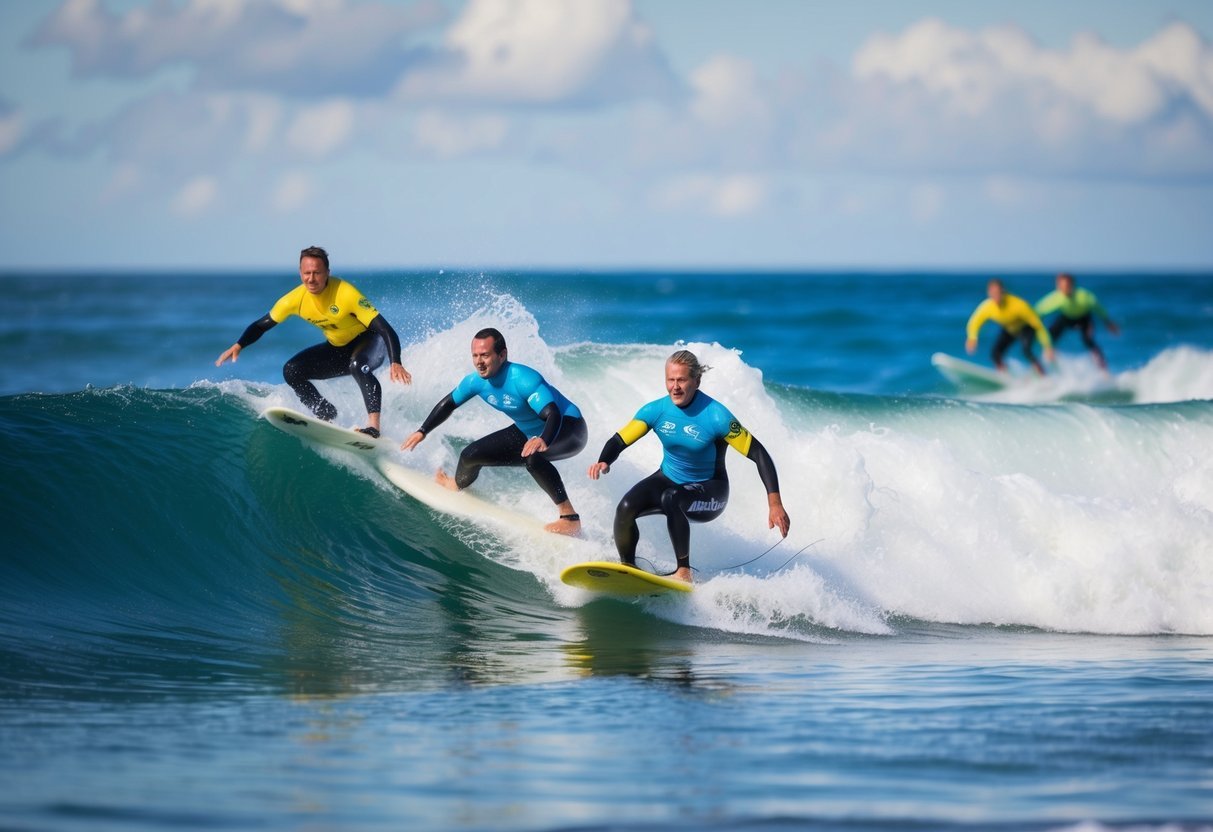 Adaptive surfers riding waves with skill and determination, showcasing their top-notch abilities in the competitive world of adaptive surfing