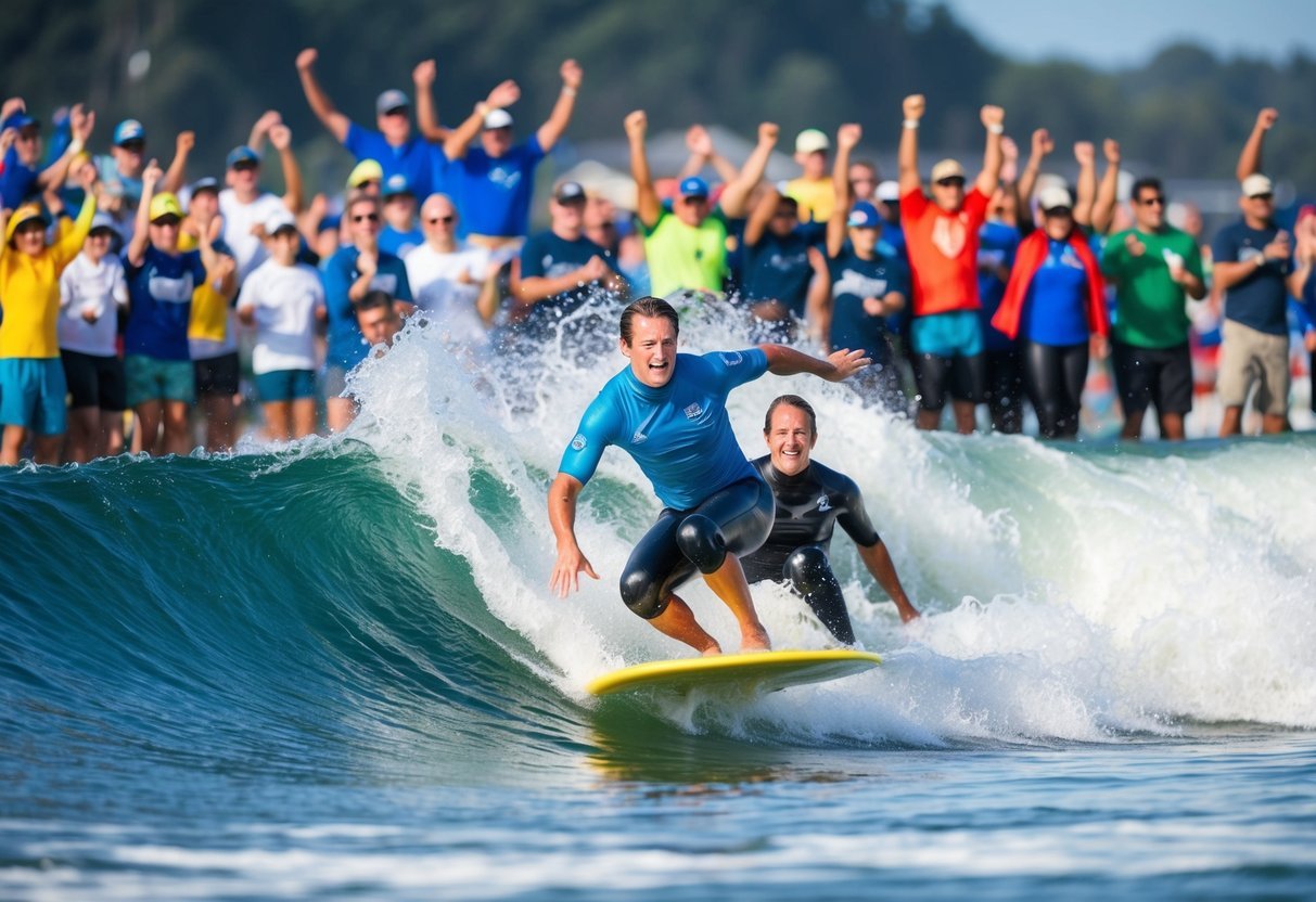 Adaptive surfers catching waves, surrounded by cheering crowds and supportive community members