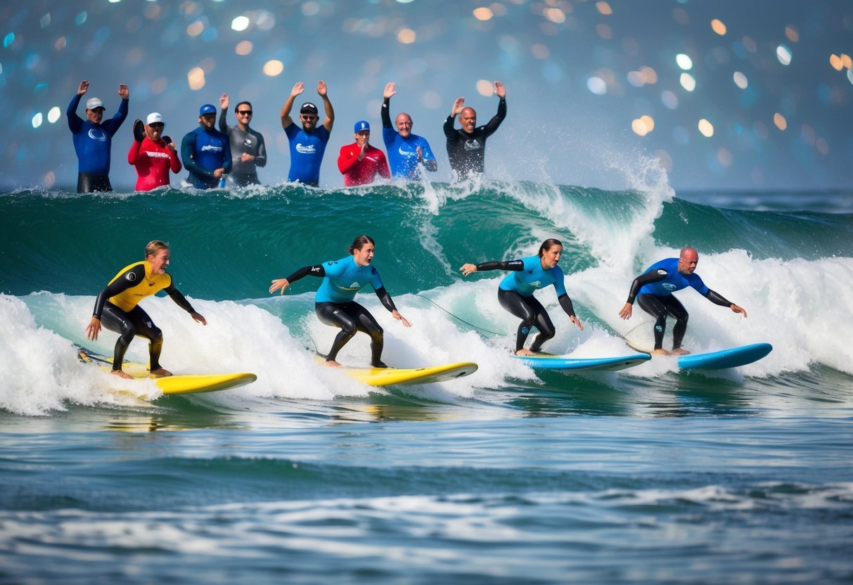 Five adaptive surfers catching waves, their boards slicing through the water as they navigate the ocean's swells.</p><p>Spectators watch from the shore, cheering on the athletes
