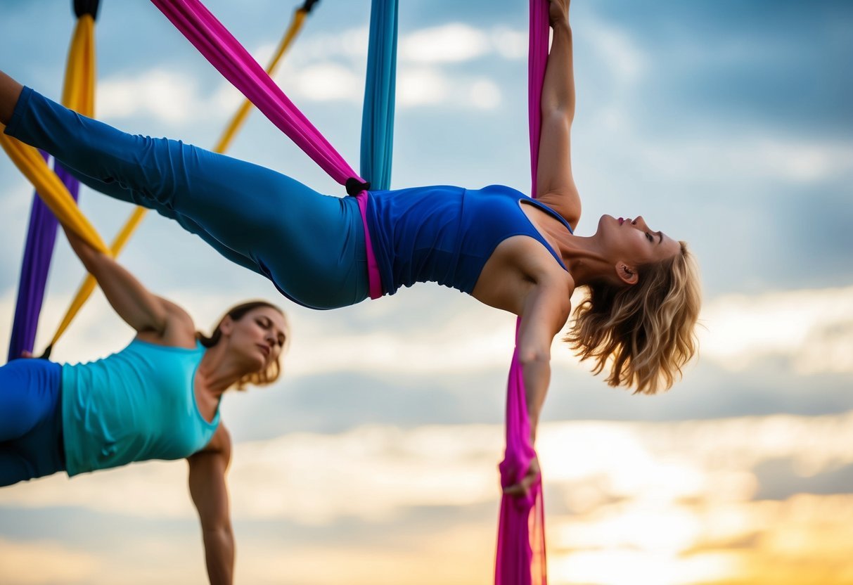 Aerial yoga practitioners suspended in mid-air, gracefully flowing through poses with colorful silks and serene expressions