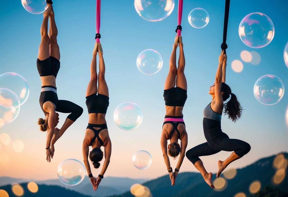 Four aerial yoga practitioners in various poses, surrounded by floating FAQ bubbles