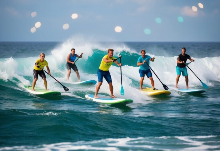 Five people paddleboarding on waves in the ocean, sunny day