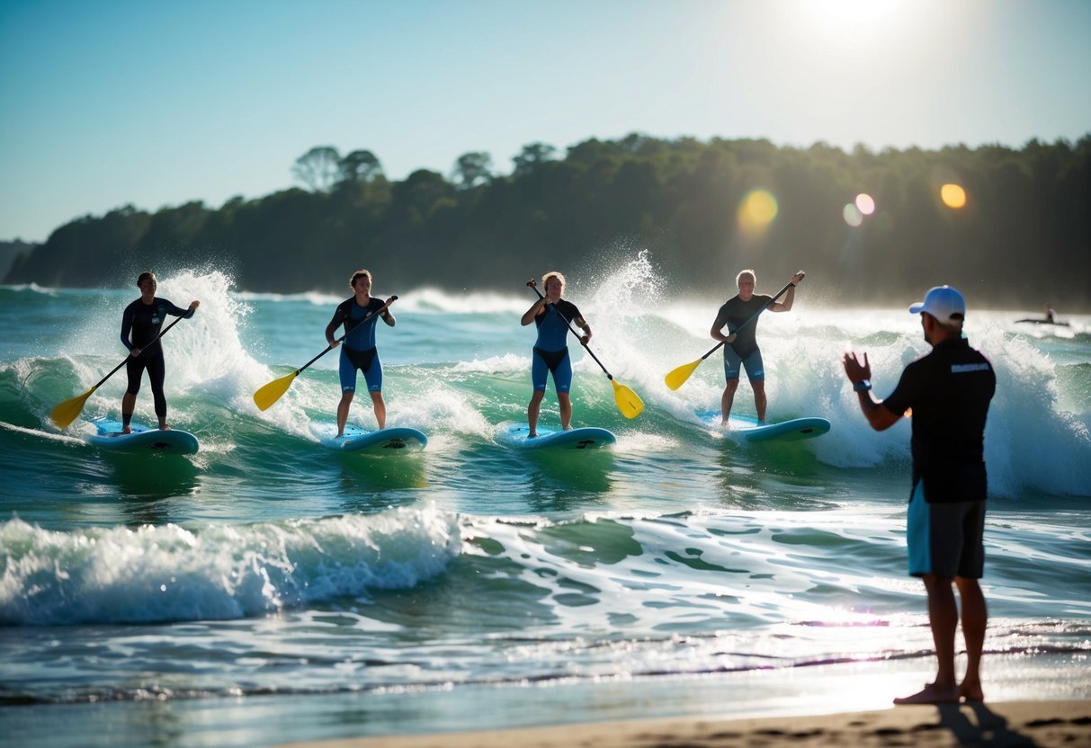 Five SUP athletes paddling through choppy waves under a bright sun, with a coach on the shore directing their training regimen