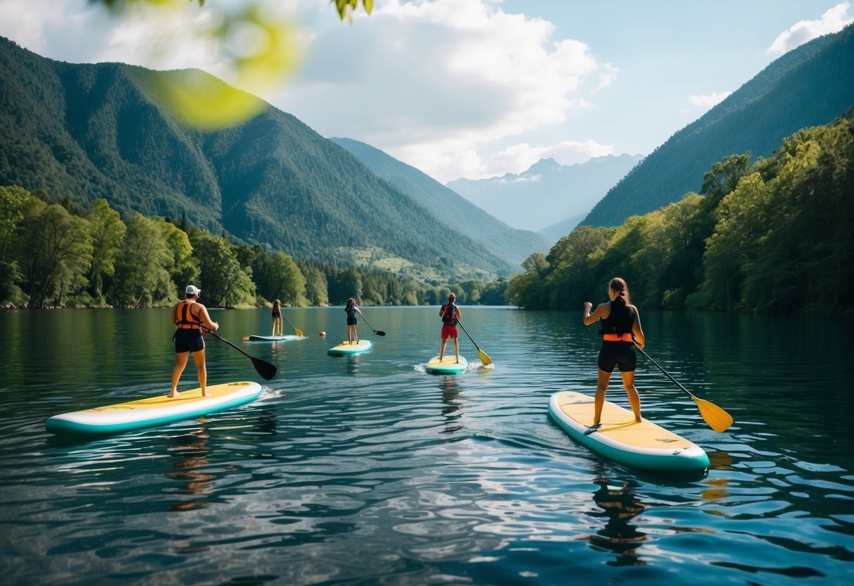 A serene lake with paddle boards gliding across the water, surrounded by lush greenery and mountains in the background