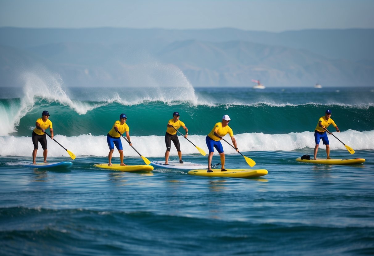Five stand-up paddleboard athletes racing on the ocean, with waves crashing in the background