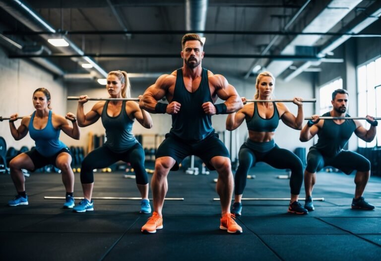 Five muscular people doing squats with barbells in a gym