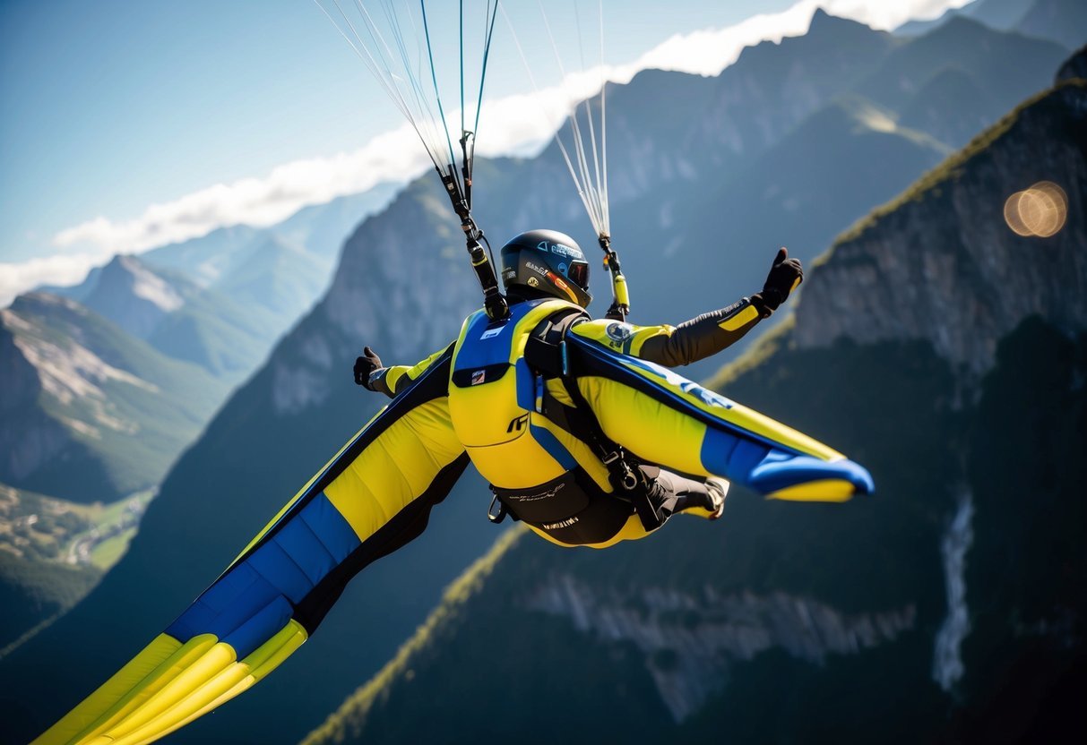 A wingsuit flier soaring through a mountainous landscape, with intricate details of the suit's aerodynamic design and maneuvering techniques