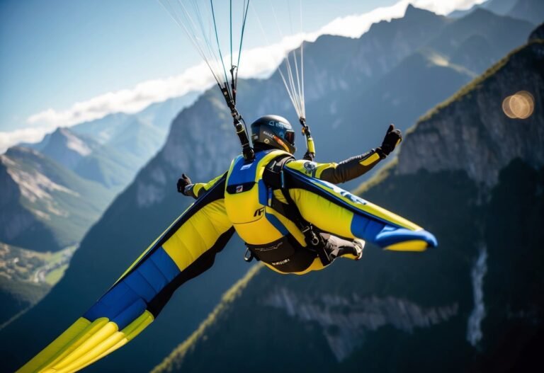 Paraglider in yellow and blue suit soars above a mountain range