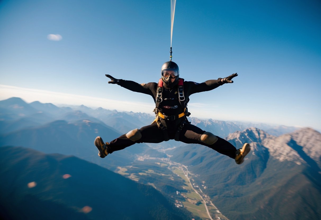 A wingsuit base jumper soars through the air, surrounded by mountains and a clear blue sky, showcasing the advanced technology and skills of the first-ever wingsuit base jump in 2004