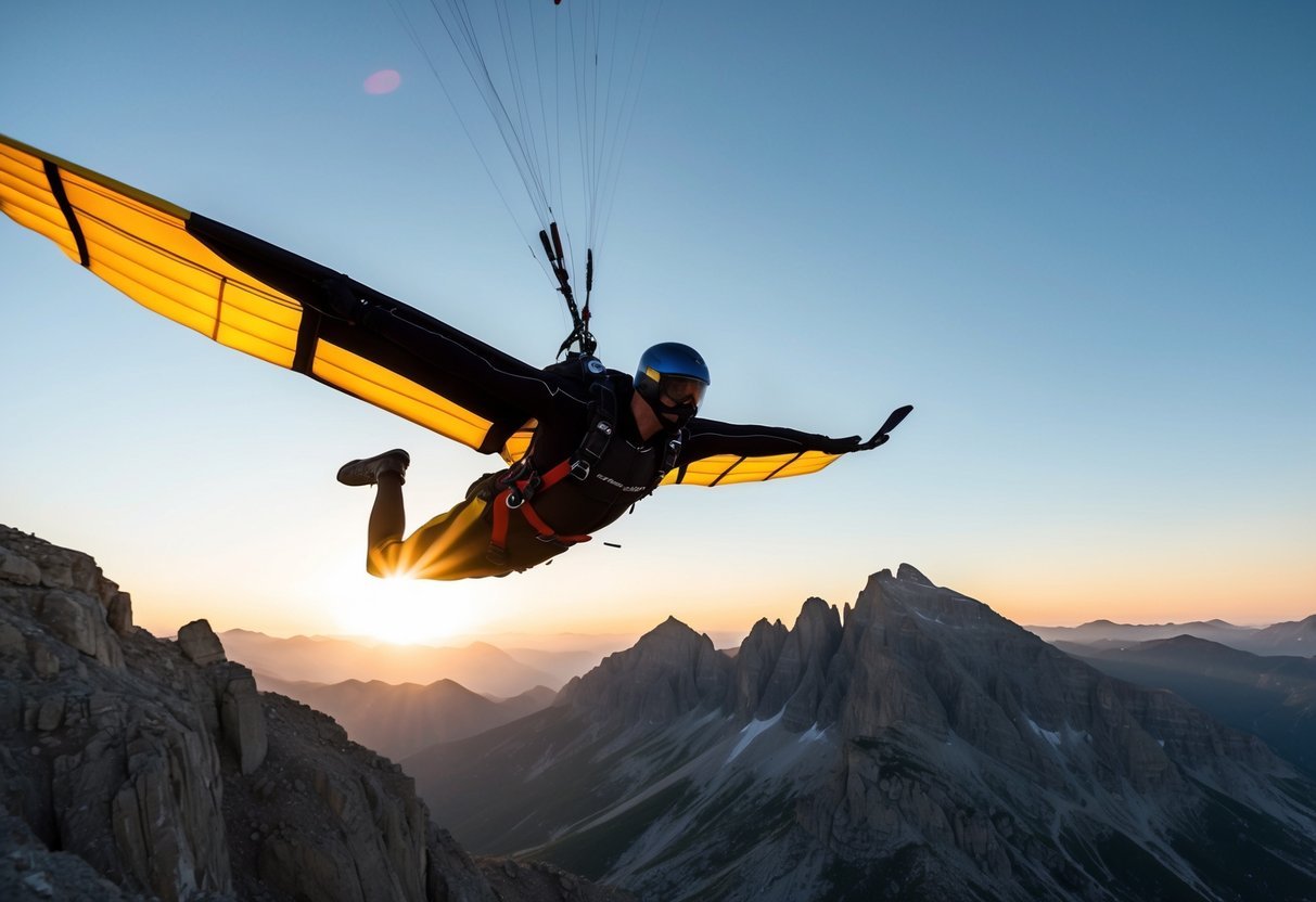 A wingsuit flyer soaring through a rugged mountain landscape, with the sun setting in the background, showcasing the advanced technology and skill required for proximity flying