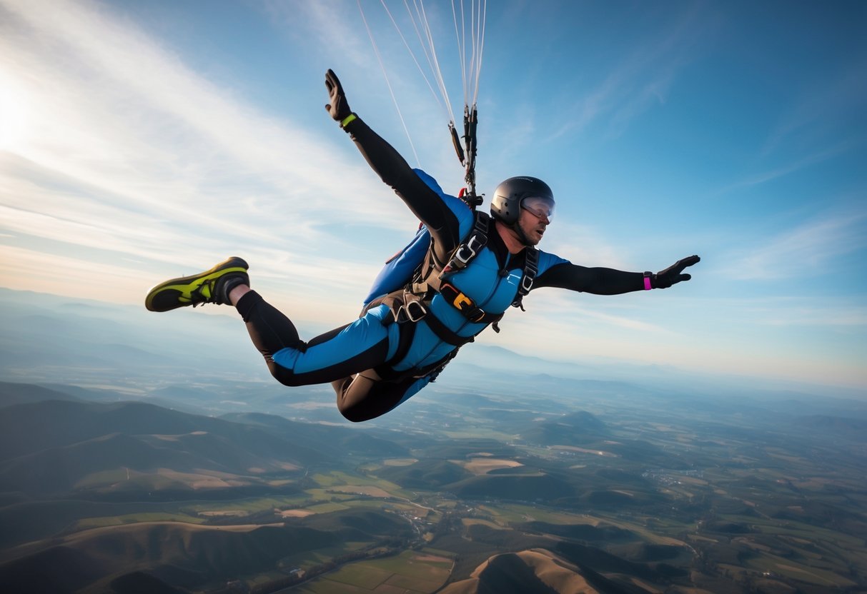 A wingsuit flyer soars through the sky, arms outstretched, with the landscape below as they gracefully maneuver through the air