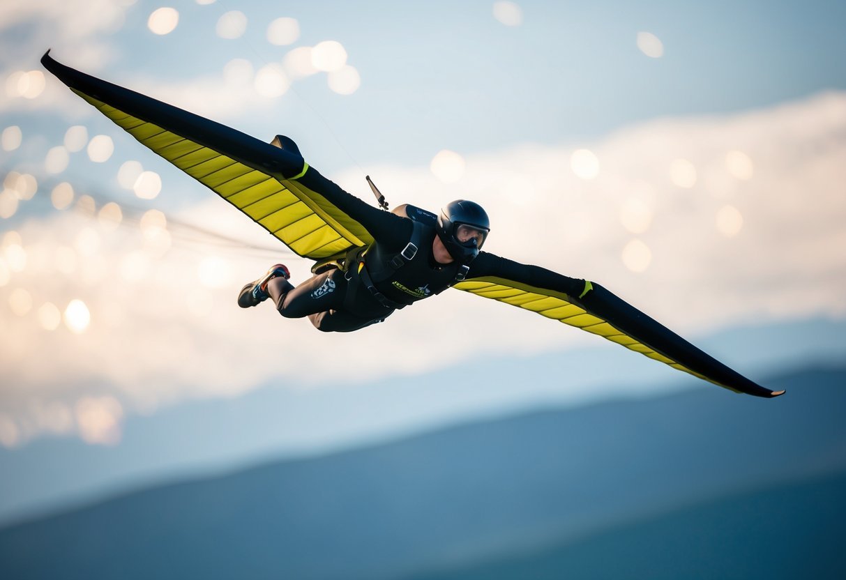 A wingsuit gliding through the air, mimicking the sleek and graceful movements of a bird in flight