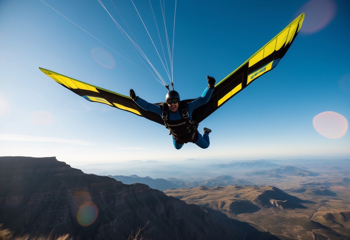 A wingsuit flyer soaring through the air, showcasing the intricate design and technology of the wingsuit.</p><p>The landscape below features rugged terrain and a clear blue sky