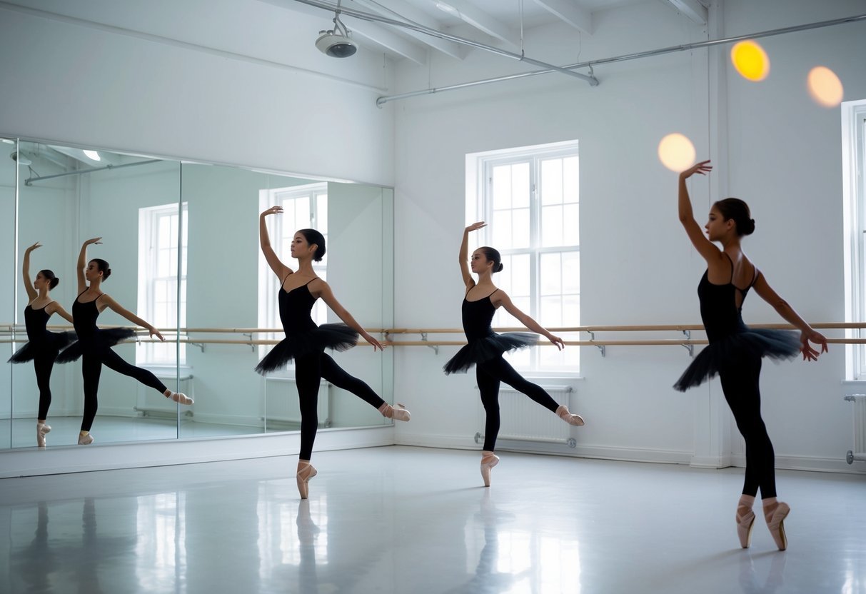 A bright, airy studio with mirrored walls and ballet barres.</p><p>Soft music plays as four graceful figures demonstrate precise, elegant movements