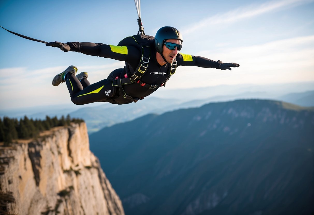 A wingsuit flyer wearing a GPS tracker jumps from a cliff, soaring through the sky with precision and skill.</p><p>The sleek wingsuit technology is evident as the flyer maneuvers through the air