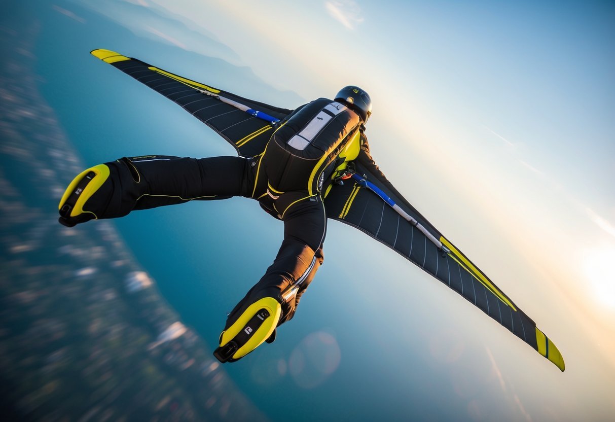 A wingsuit gliding through the air, showcasing its intricate design and technology, with attention to the details of the fabric, zippers, and wing shape