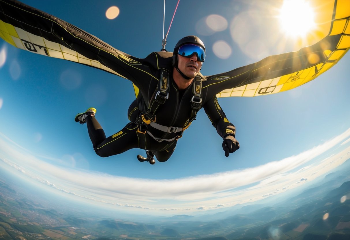 A wingsuit flyer soaring through the sky, with detailed close-ups of the suit's aerodynamic features and intricate stitching