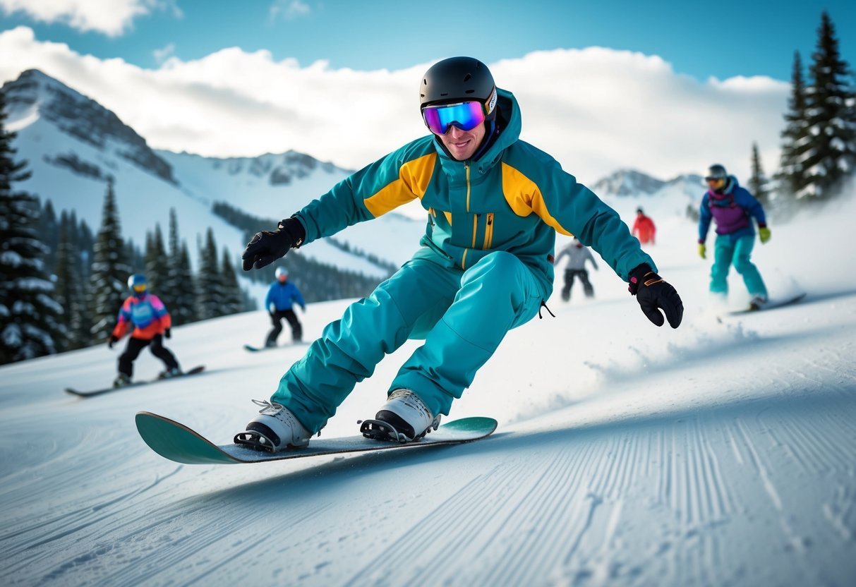 A snowboarder carving down a mountain, surrounded by snowy peaks, pine trees, and fellow riders.</p><p>Snowboarding culture is evident in the relaxed but determined expressions of the riders and the vibrant colors of their gear