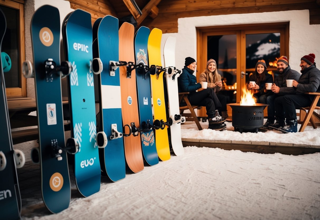 Snowboards lined up outside a cozy mountain chalet, with a warm fire, mugs of hot cocoa, and friends sharing stories after a day on the slopes