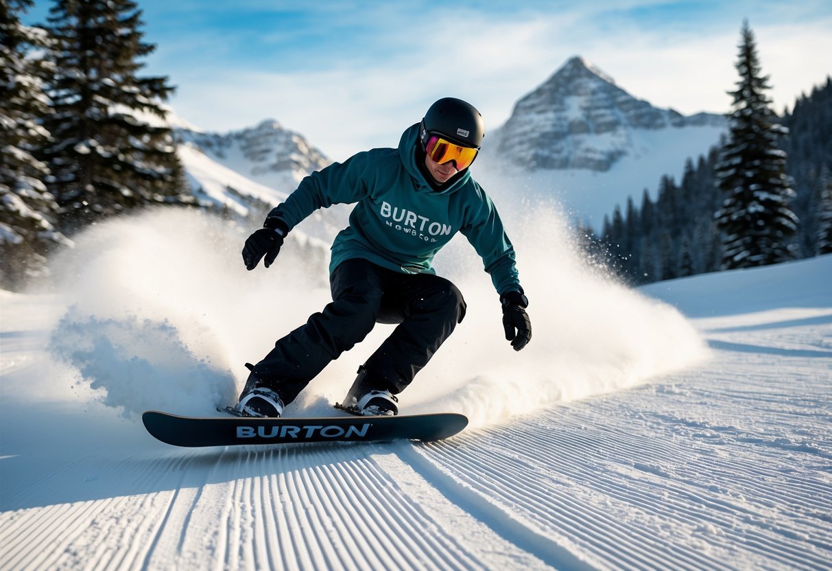 A snowboarder carving through fresh powder, surrounded by mountain peaks and pine trees, with the Burton Snowboards logo prominently displayed on their gear