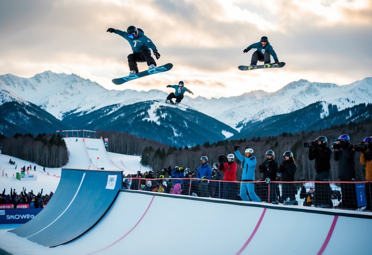 Snowboarders soar above a halfpipe, executing impressive tricks with the snowy mountains in the background.</p><p>Spectators cheer and cameras capture the action