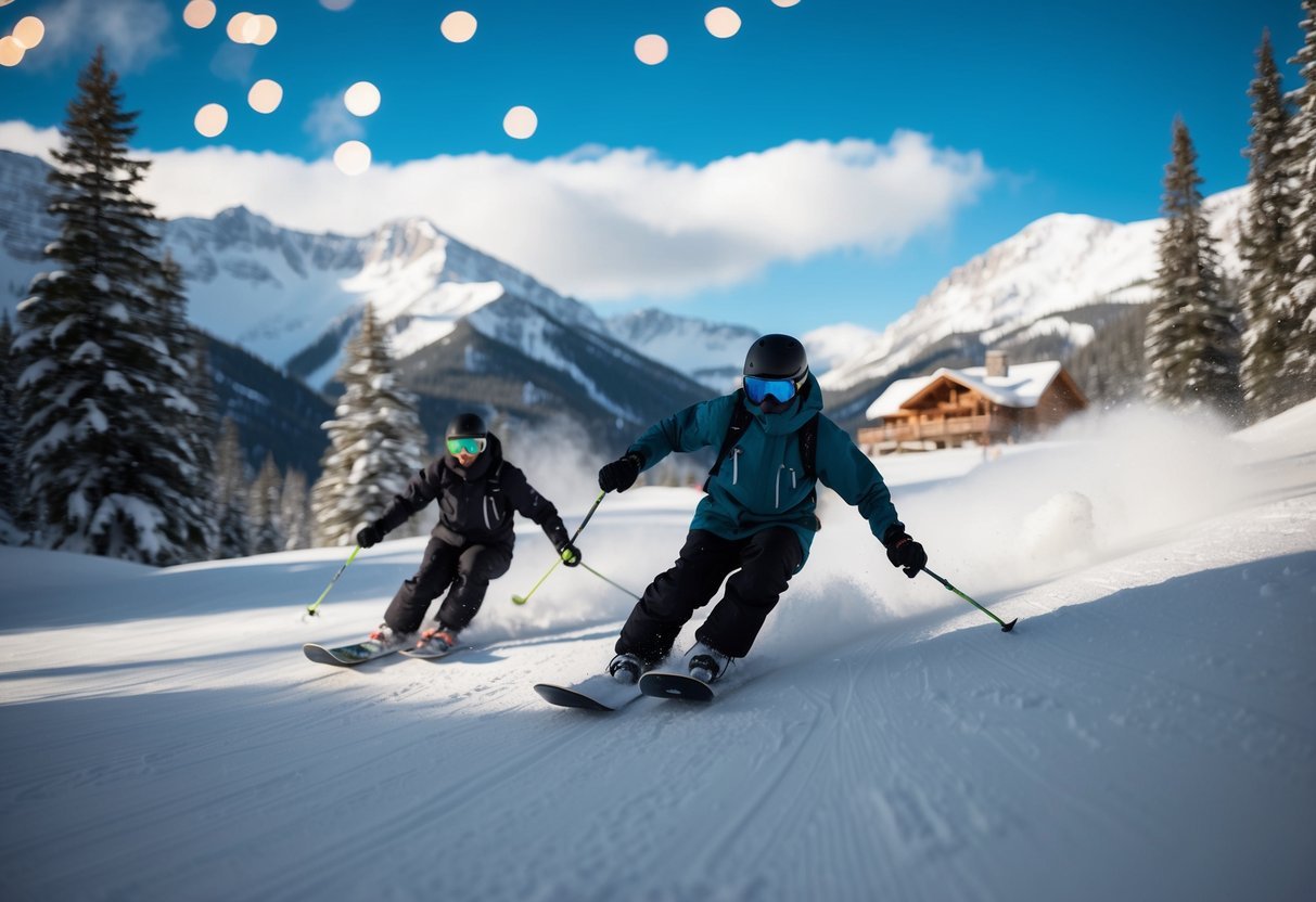 Snowboarders carving through fresh powder, surrounded by towering mountains and pine trees, with a cozy cabin in the distance