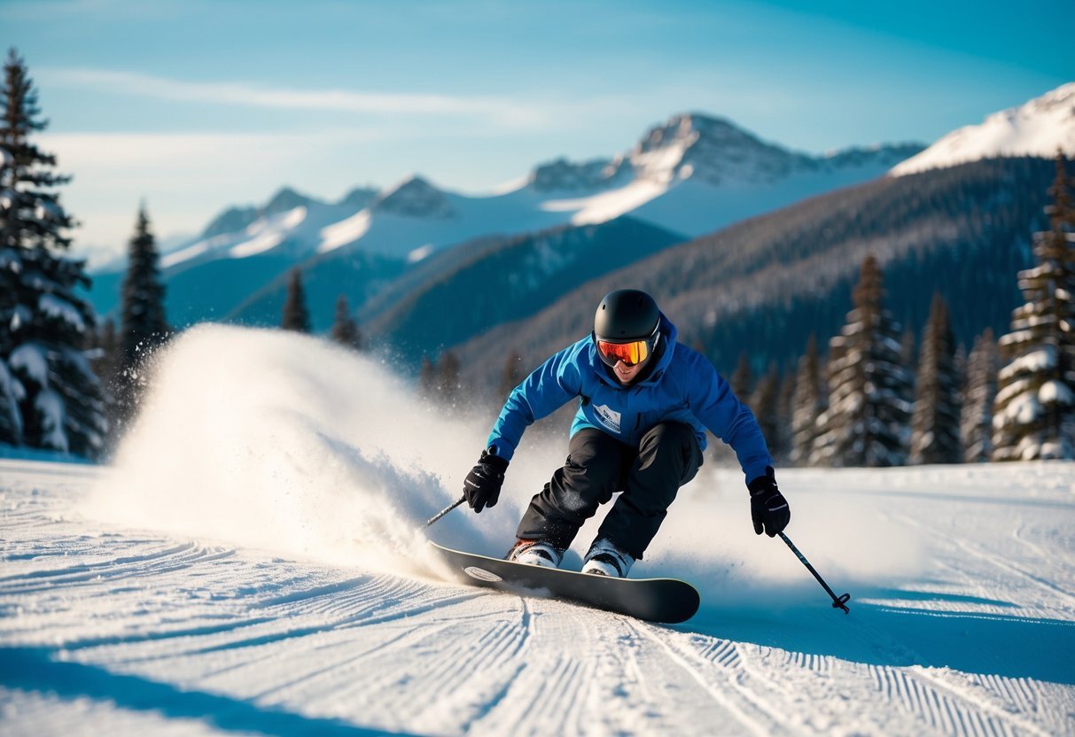 A snowboarder carving through fresh powder with mountains in the background, surrounded by pine trees and a clear blue sky